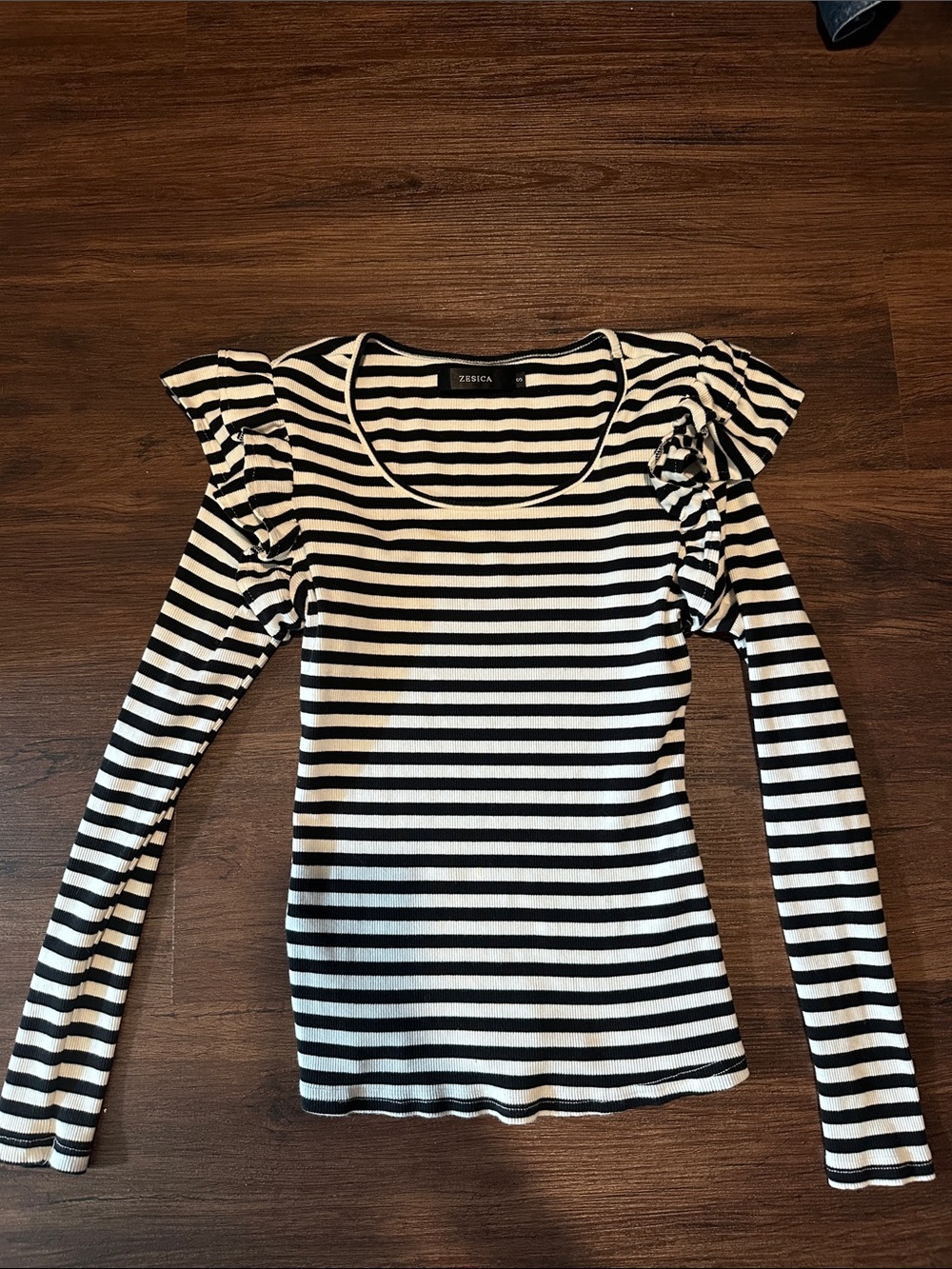 Zesica Black & White Striped Ruffle Shoulder Long Sleeve Tee
